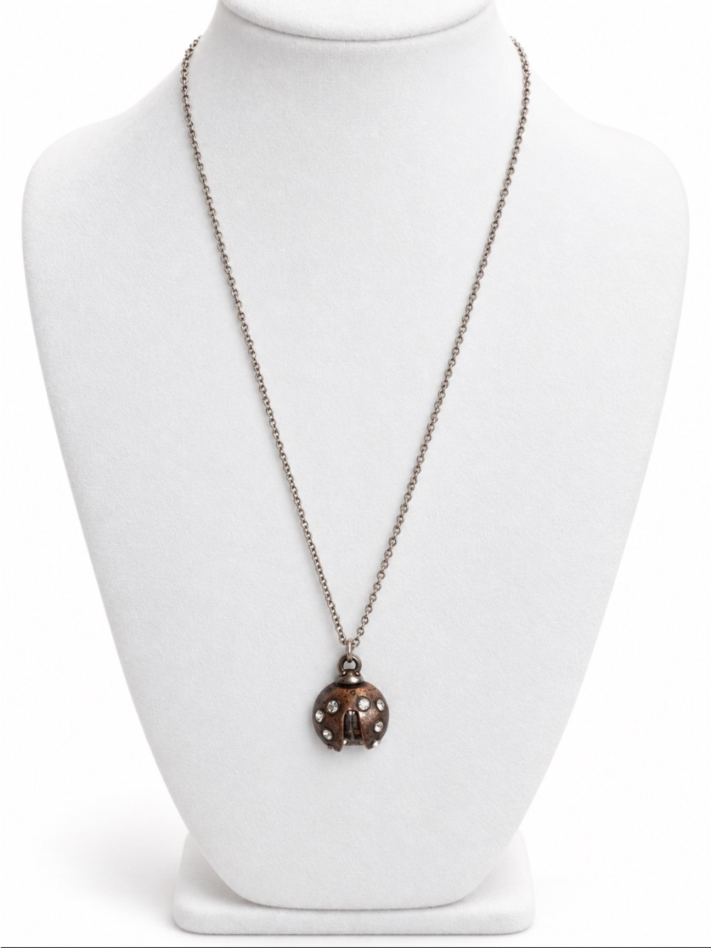 Antiqued Copper-Tone Rhinestone Ladybug Pendant Long Necklace